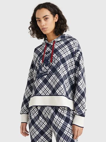 Női Tommy Hilfiger Icon Crest Check Hoodies Kék | HU 149ZUT